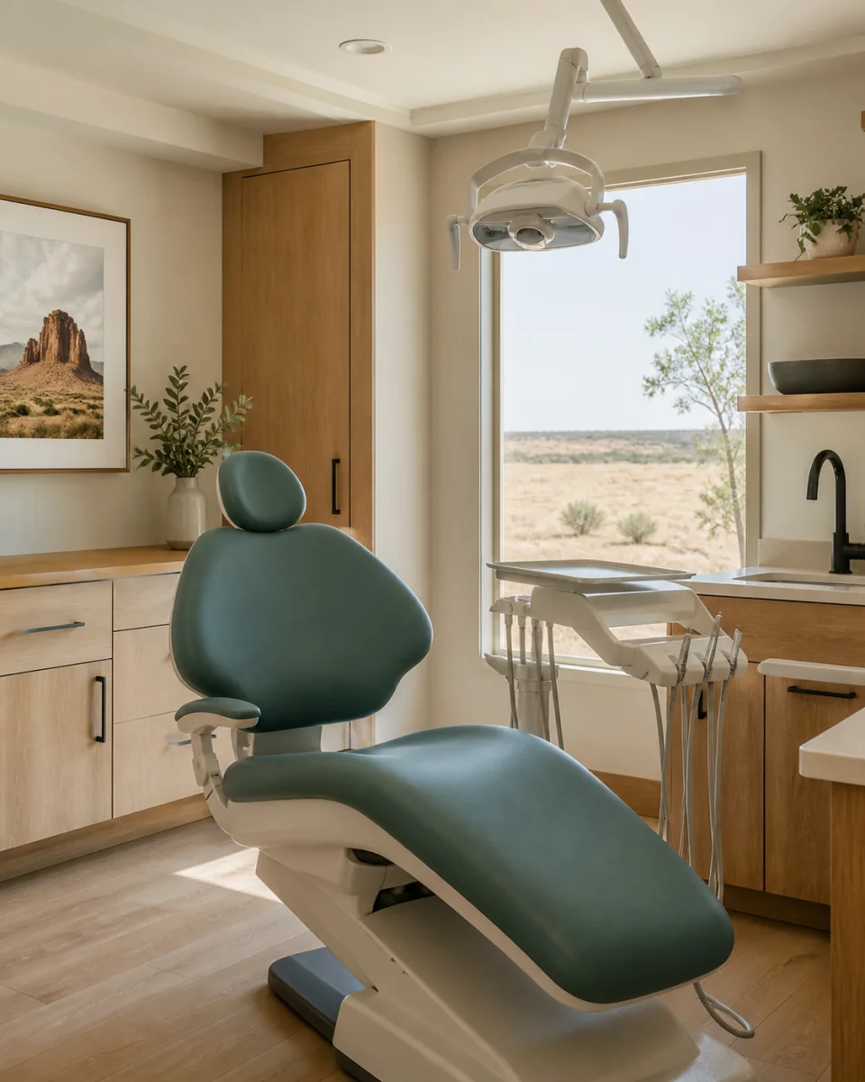 A warm, modern dental treatment room with a teal dental chair